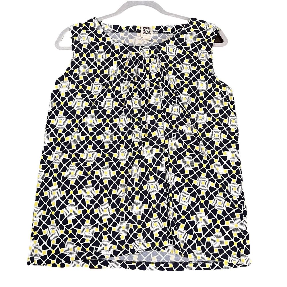 Anne Klein Womens Large Sleeveless Geometric Mosaic Print‎ Pleated Blouse Top